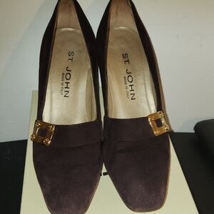 St. John Women's Dark Brown Suede Loafers with Gold Accent